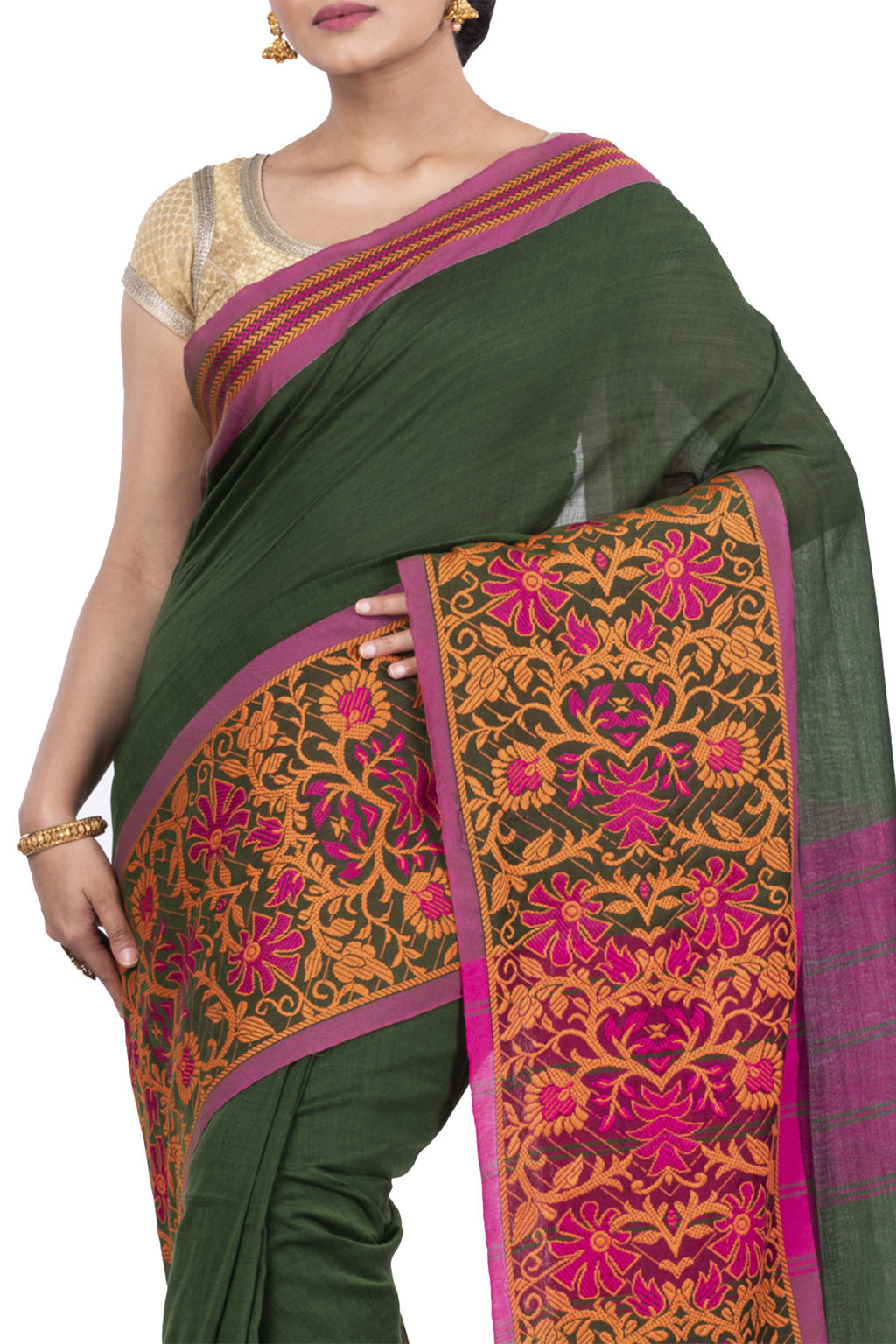 Dark Green Pure Cotton Begompuri_Hand Hand Loom Saree (672)